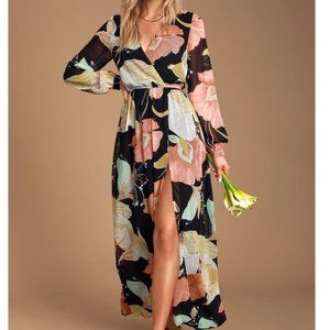 Lulus Water Lilies Black Floral Print Maxi Dress